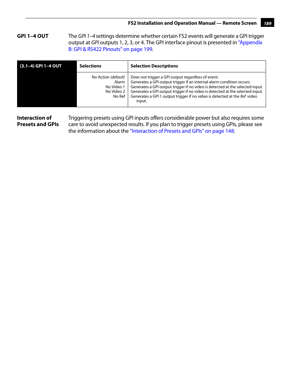Gpi 1–4 out, Interaction of presets and gpis, Gpi 1–4 out interaction of presets and gpis | AJA FS2 User Manual | Page 187 / 230