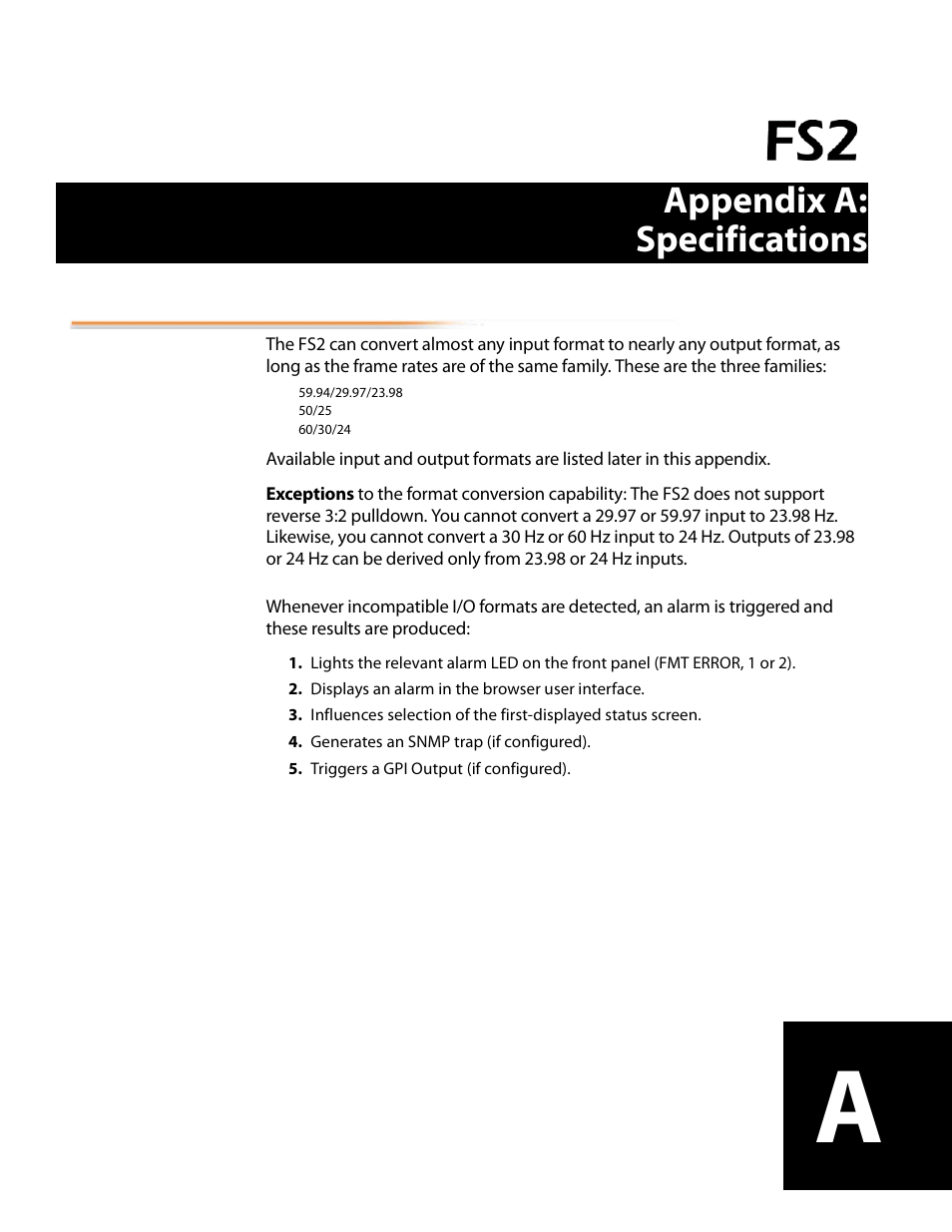 Appendix a: specifications, Video formats, Video format alarms | Appendix a, Specifications video formats | AJA FS2 User Manual | Page 191 / 230