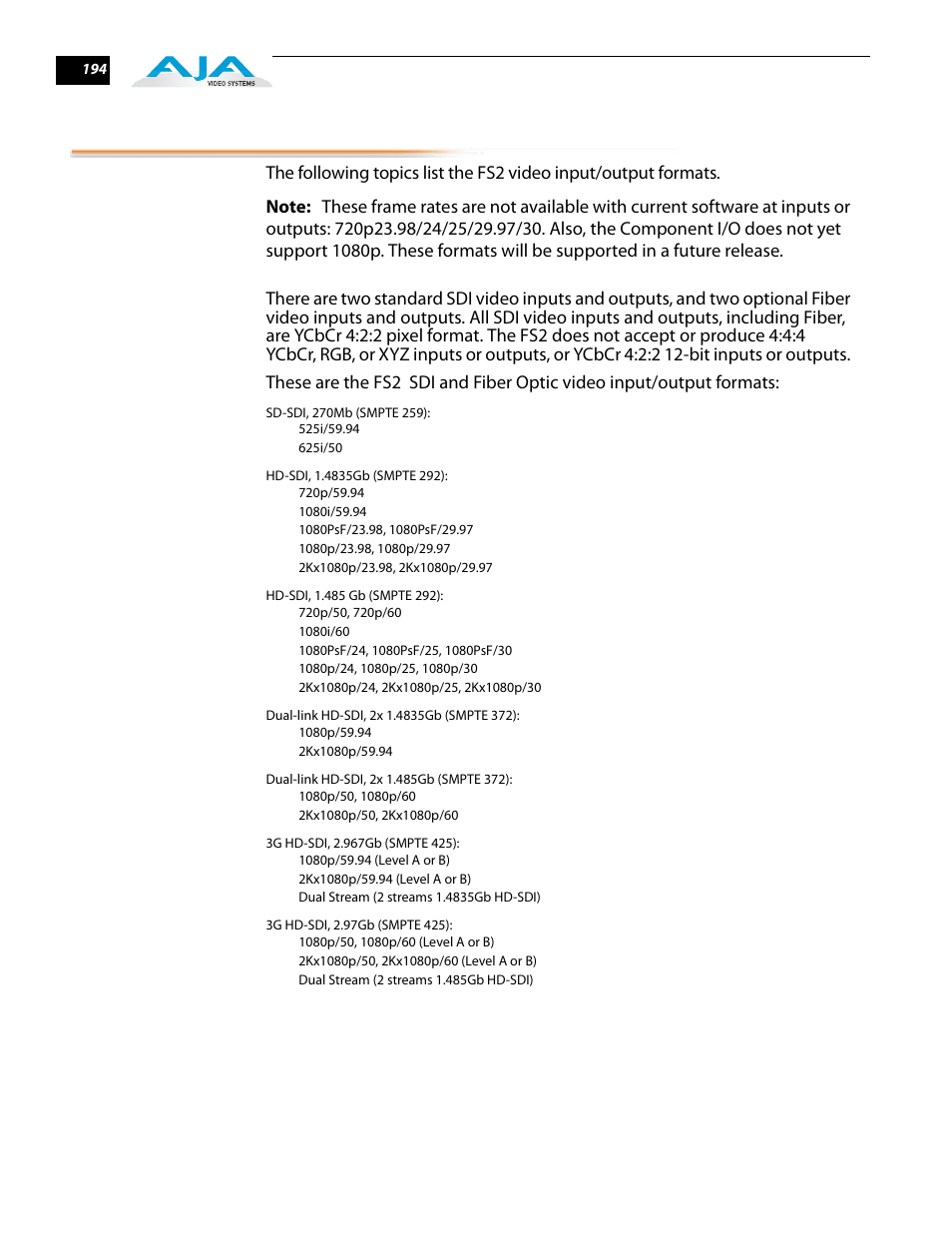 Video input/output formats, Sdi and fiber | AJA FS2 User Manual | Page 192 / 230