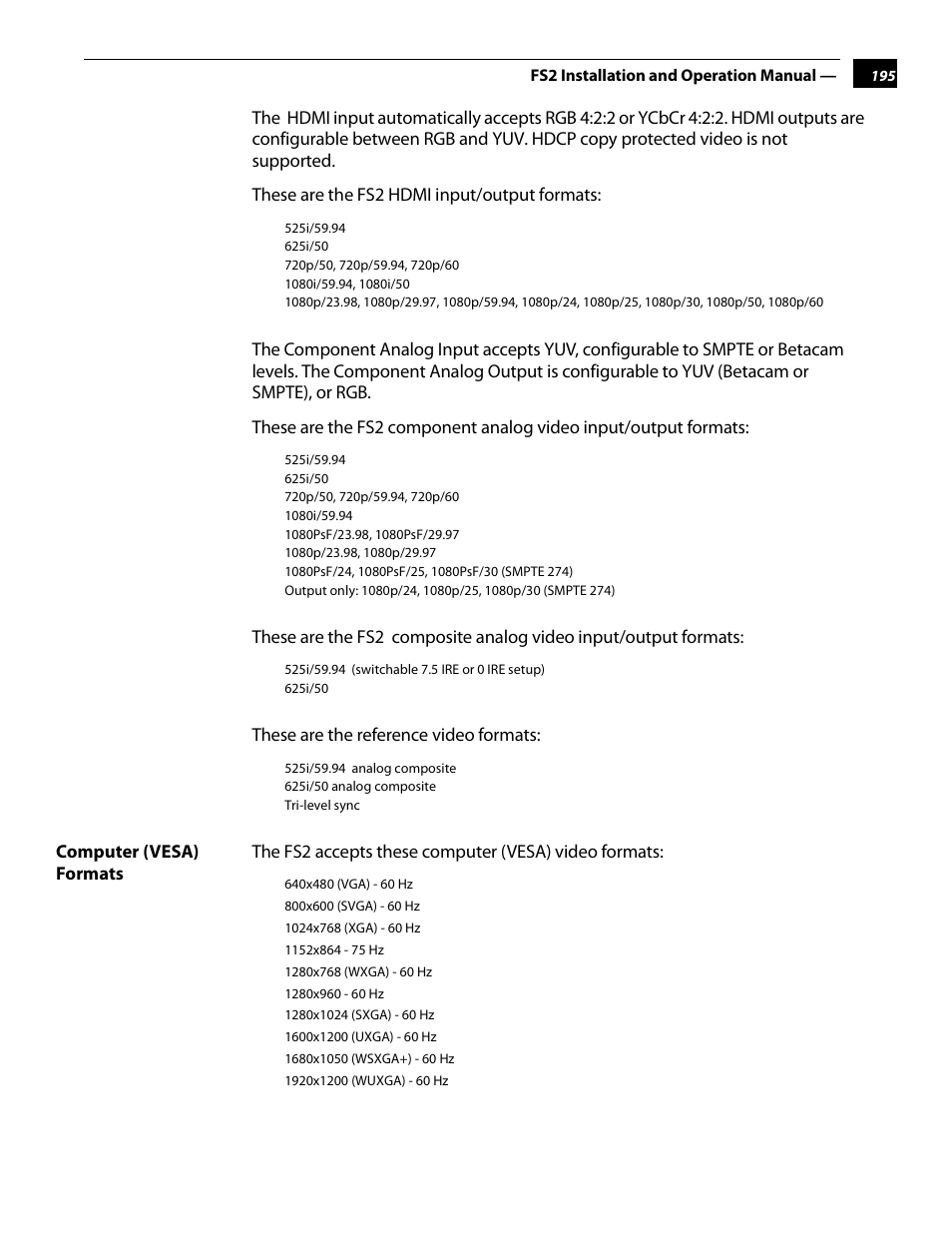 Hdmi, Component analog, Composite analog | Reference, Computer (vesa) formats | AJA FS2 User Manual | Page 193 / 230