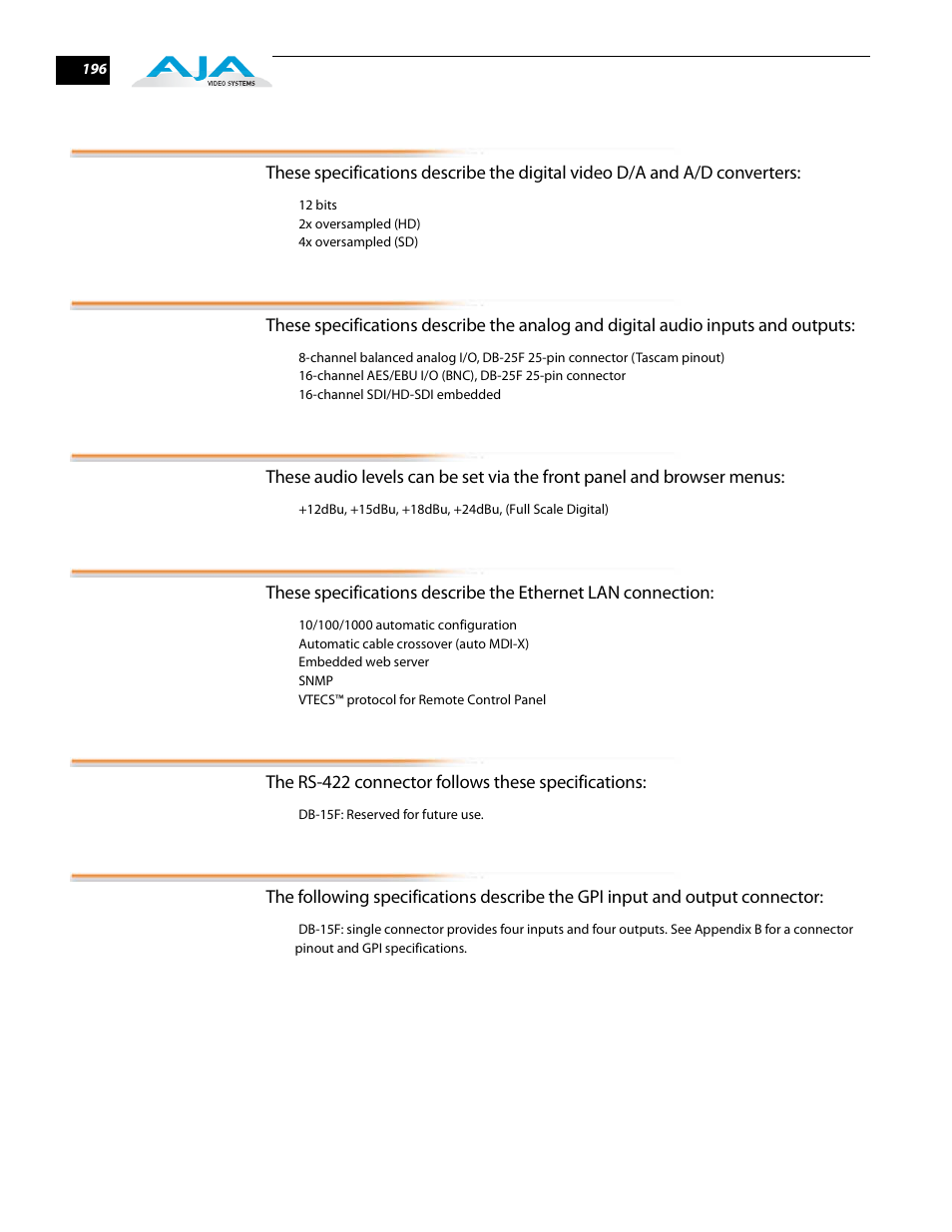Video a/d, d/a, Audio inputs and outputs, Audio levels | Rs-422 | AJA FS2 User Manual | Page 194 / 230