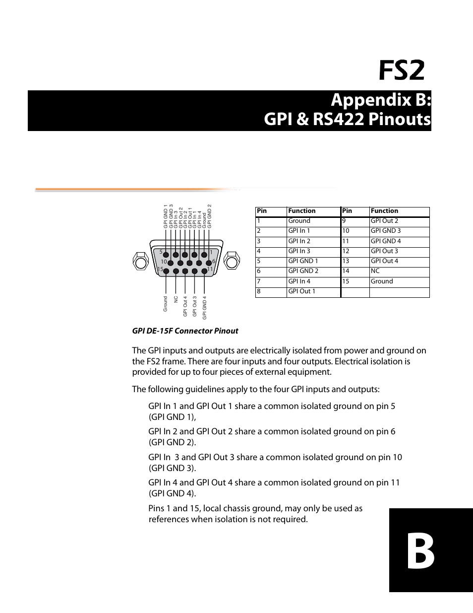 Appendix b: gpi & rs422 pinouts, Gpi connections, Appendix b | Gpi & rs422 pinouts gpi connections, Appendix | AJA FS2 User Manual | Page 197 / 230