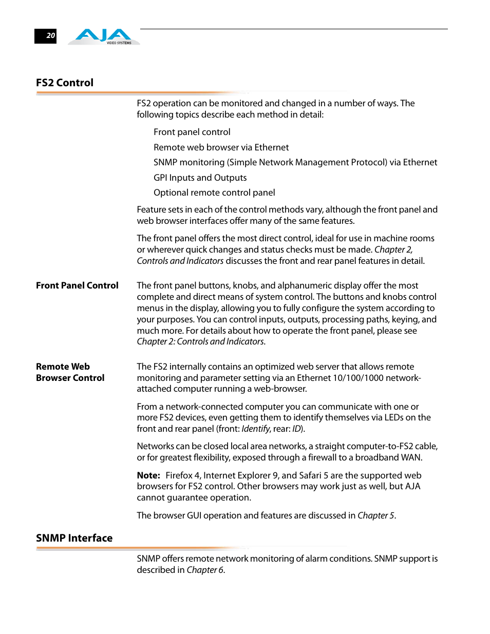Fs2 control, Front panel control, Remote web browser control | Snmp interface, Front panel control remote web browser control | AJA FS2 User Manual | Page 20 / 230