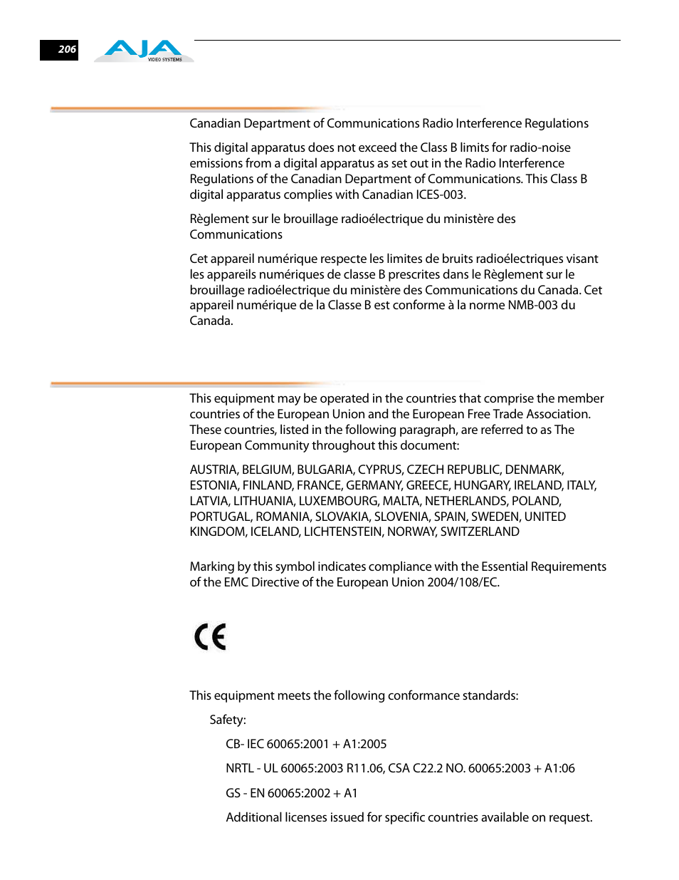 Canadian ices statement, Declaration of conformity, Regulatory compliance | AJA FS2 User Manual | Page 204 / 230