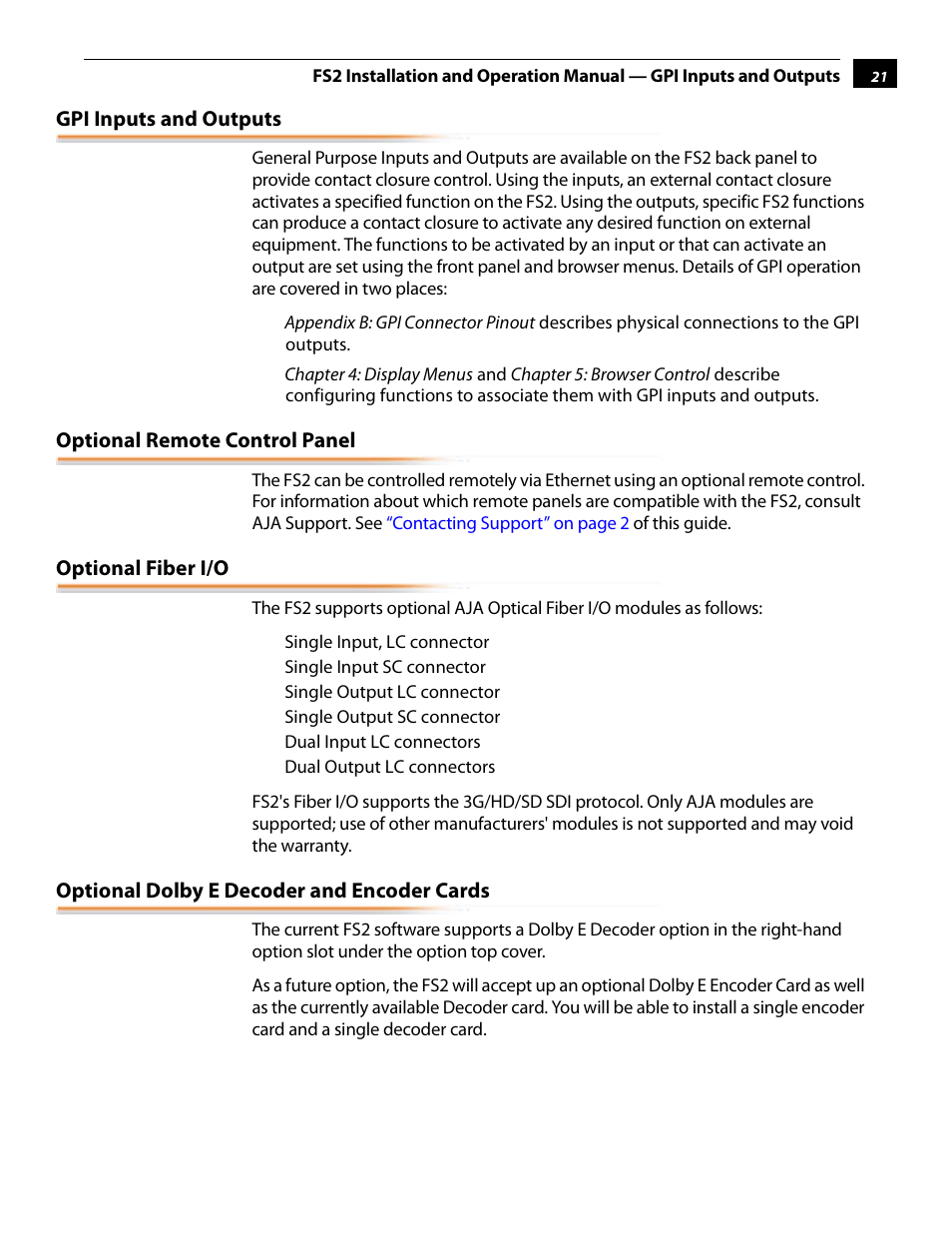 Gpi inputs and outputs, Optional remote control panel, Optional fiber i/o | Optional dolby e decoder and encoder cards | AJA FS2 User Manual | Page 21 / 230