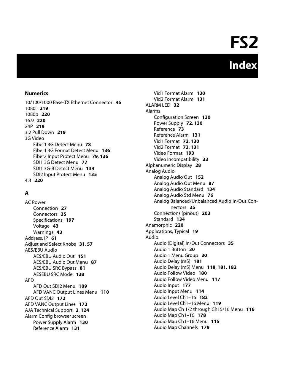 Index | AJA FS2 User Manual | Page 222 / 230