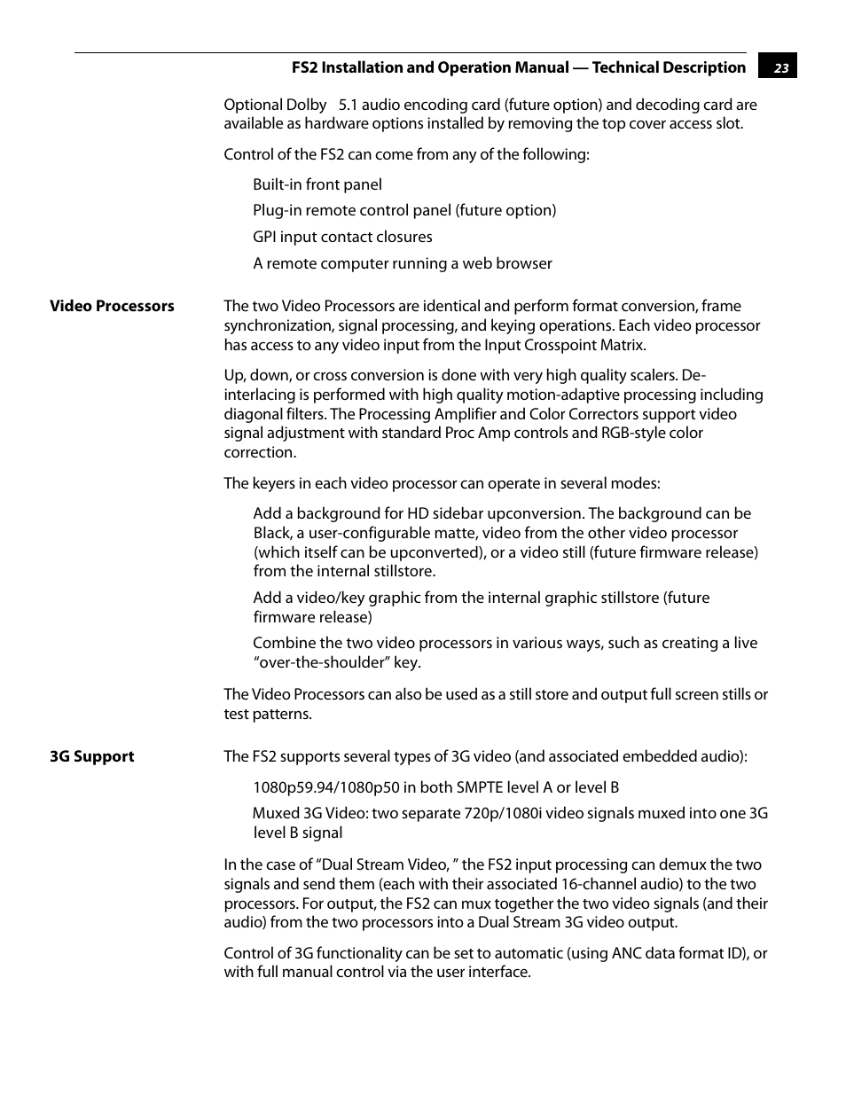 Video processors, 3g support, Video processors 3g support | AJA FS2 User Manual | Page 23 / 230