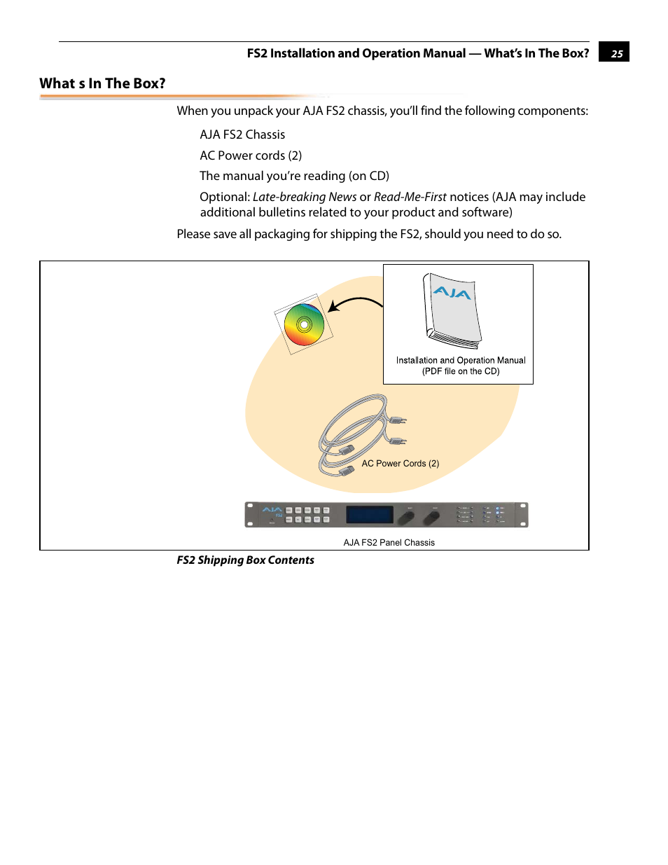 What’s in the box | AJA FS2 User Manual | Page 25 / 230