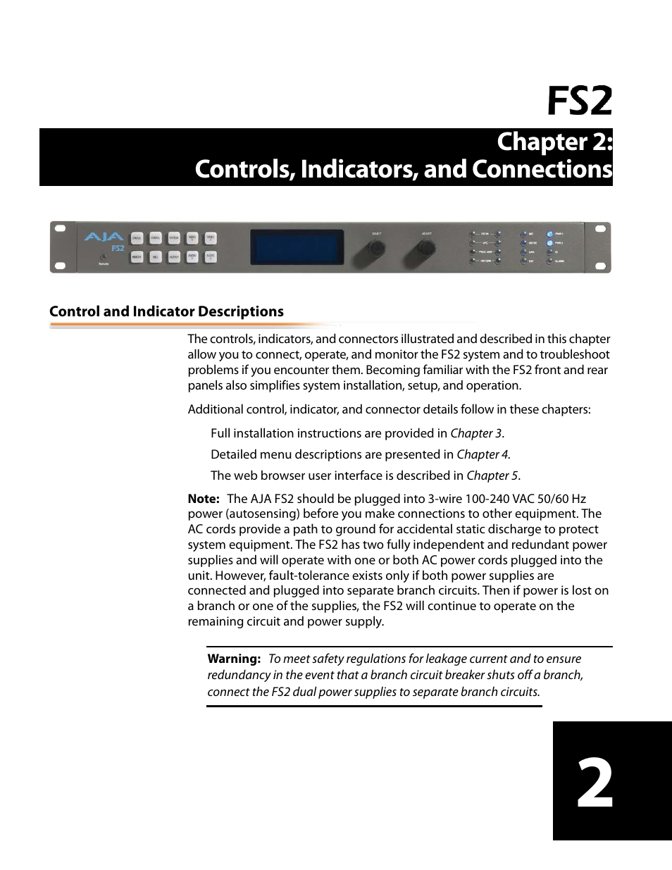 Chapter 2: controls, indicators, and connections, Control and indicator descriptions, Chapter 2 | Controls, indicators, and connections | AJA FS2 User Manual | Page 27 / 230