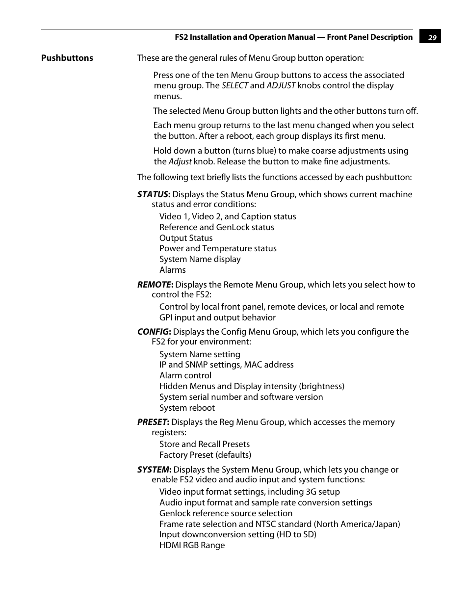 Pushbuttons | AJA FS2 User Manual | Page 29 / 230