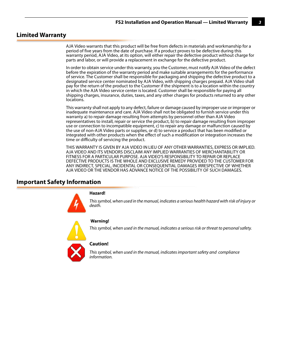 Limited warranty, Important safety information | AJA FS2 User Manual | Page 3 / 230