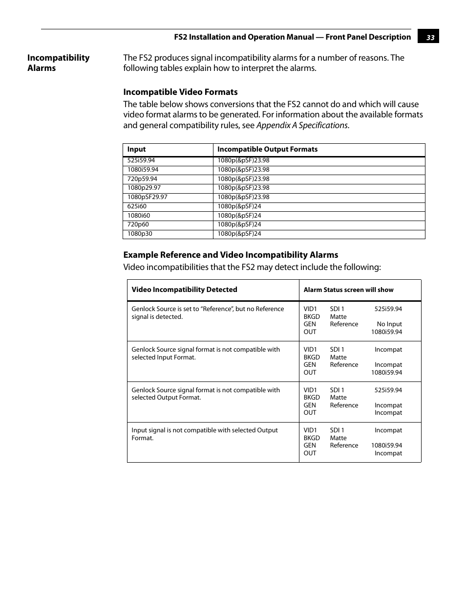 Incompatibility alarms, Incompatible video formats, Example reference and video incompatibility alarms | AJA FS2 User Manual | Page 33 / 230