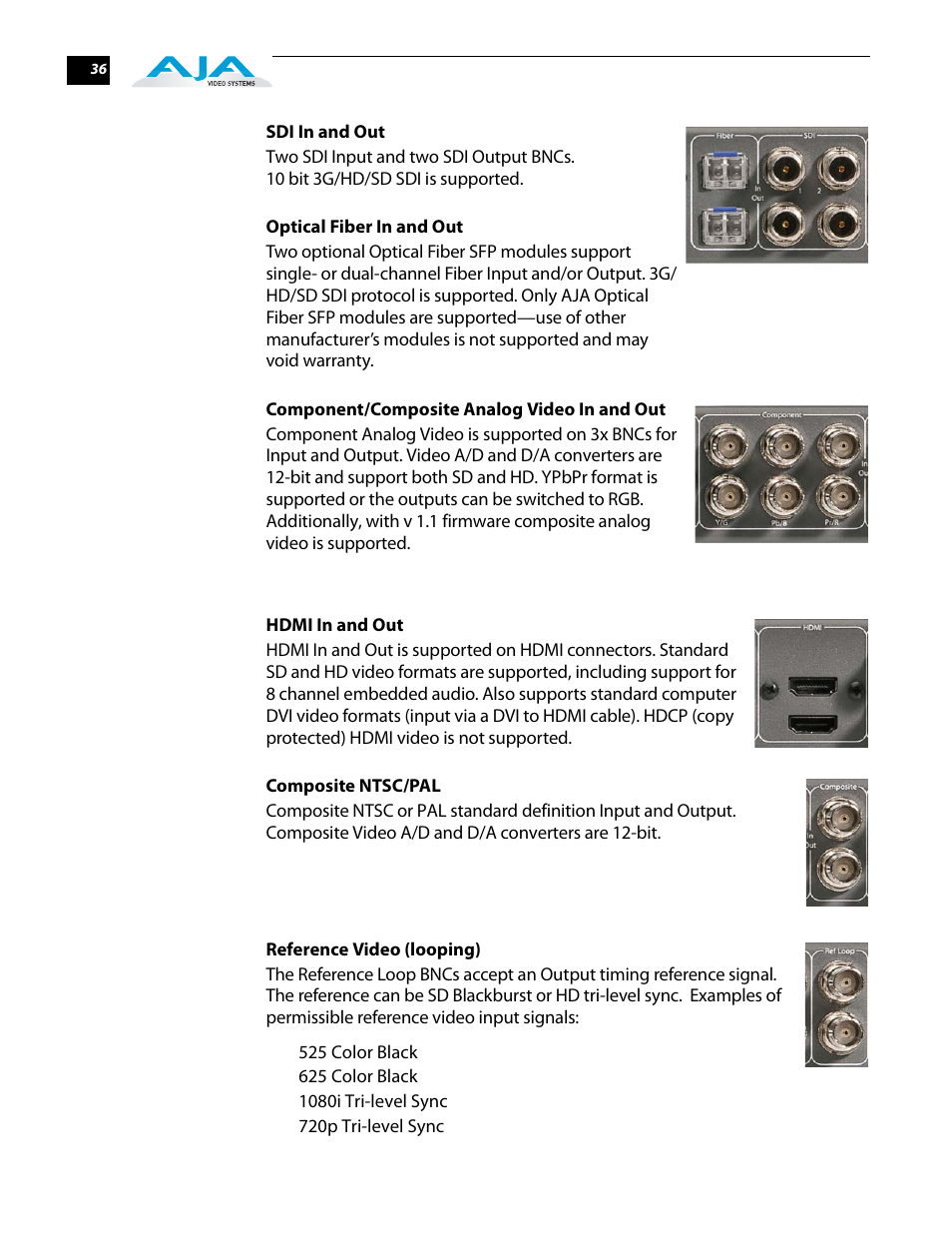 Sdi in and out, Optical fiber in and out, Component/composite analog video in and out | Hdmi in and out, Composite ntsc/pal, Reference video (looping) | AJA FS2 User Manual | Page 36 / 230