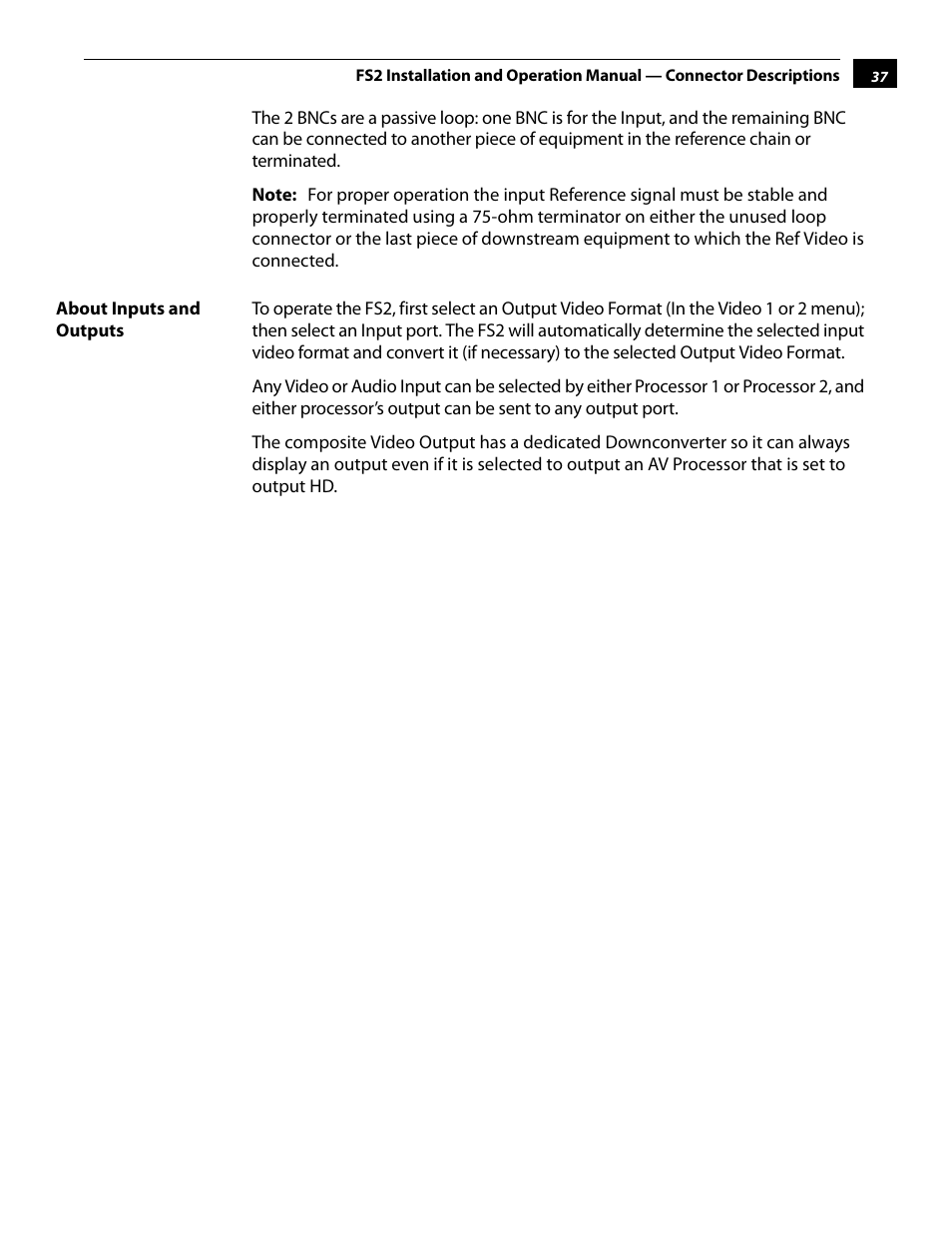 About inputs and outputs | AJA FS2 User Manual | Page 37 / 230