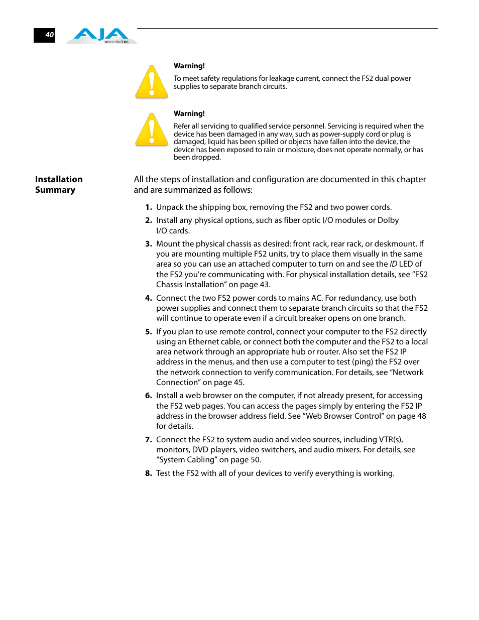 Installation summary | AJA FS2 User Manual | Page 40 / 230