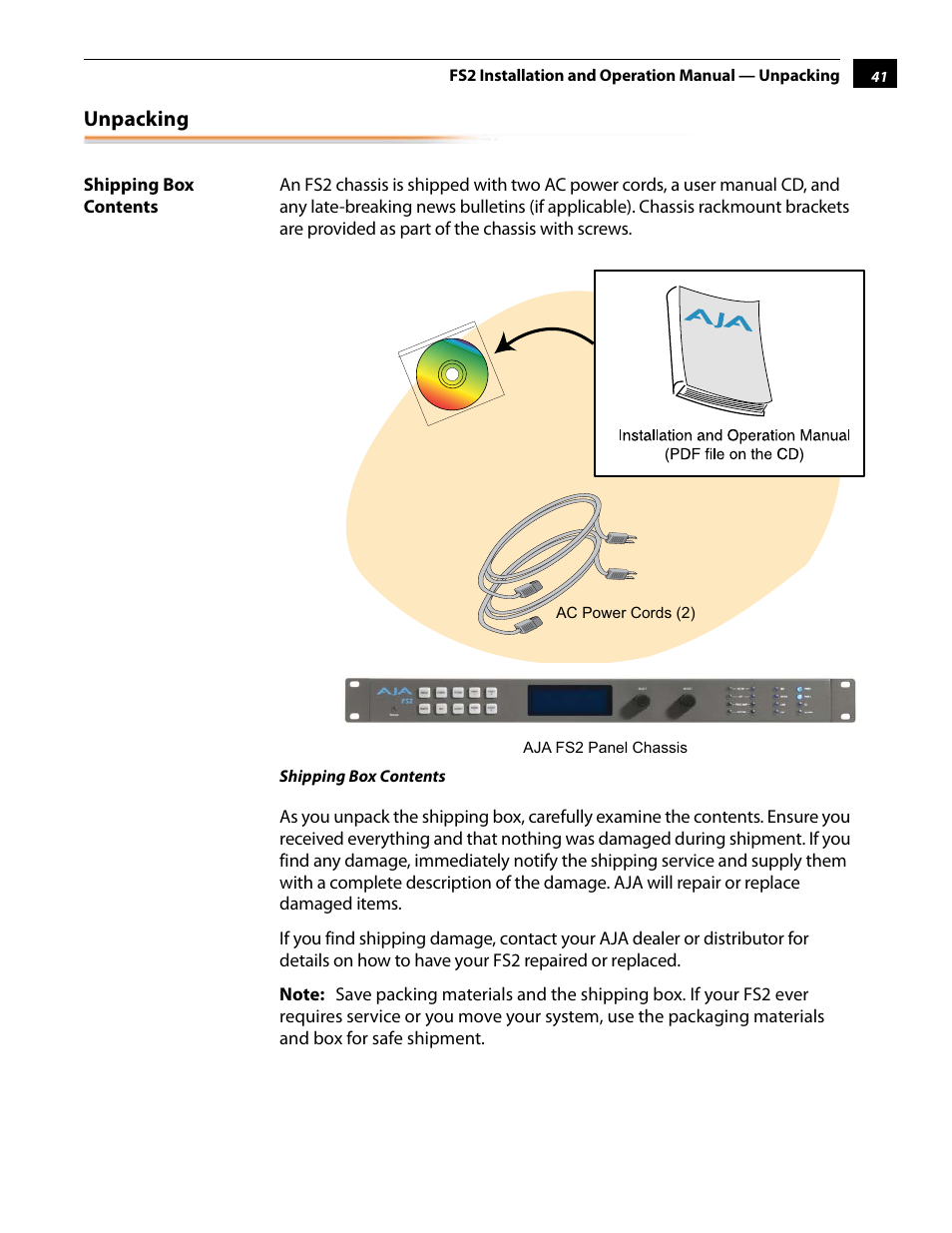 Unpacking, Shipping box contents | AJA FS2 User Manual | Page 41 / 230