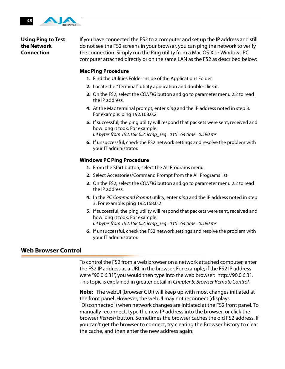 Using ping to test the network connection, Mac ping procedure, Windows pc ping procedure | Web browser control, Mac ping procedure windows pc ping procedure | AJA FS2 User Manual | Page 48 / 230