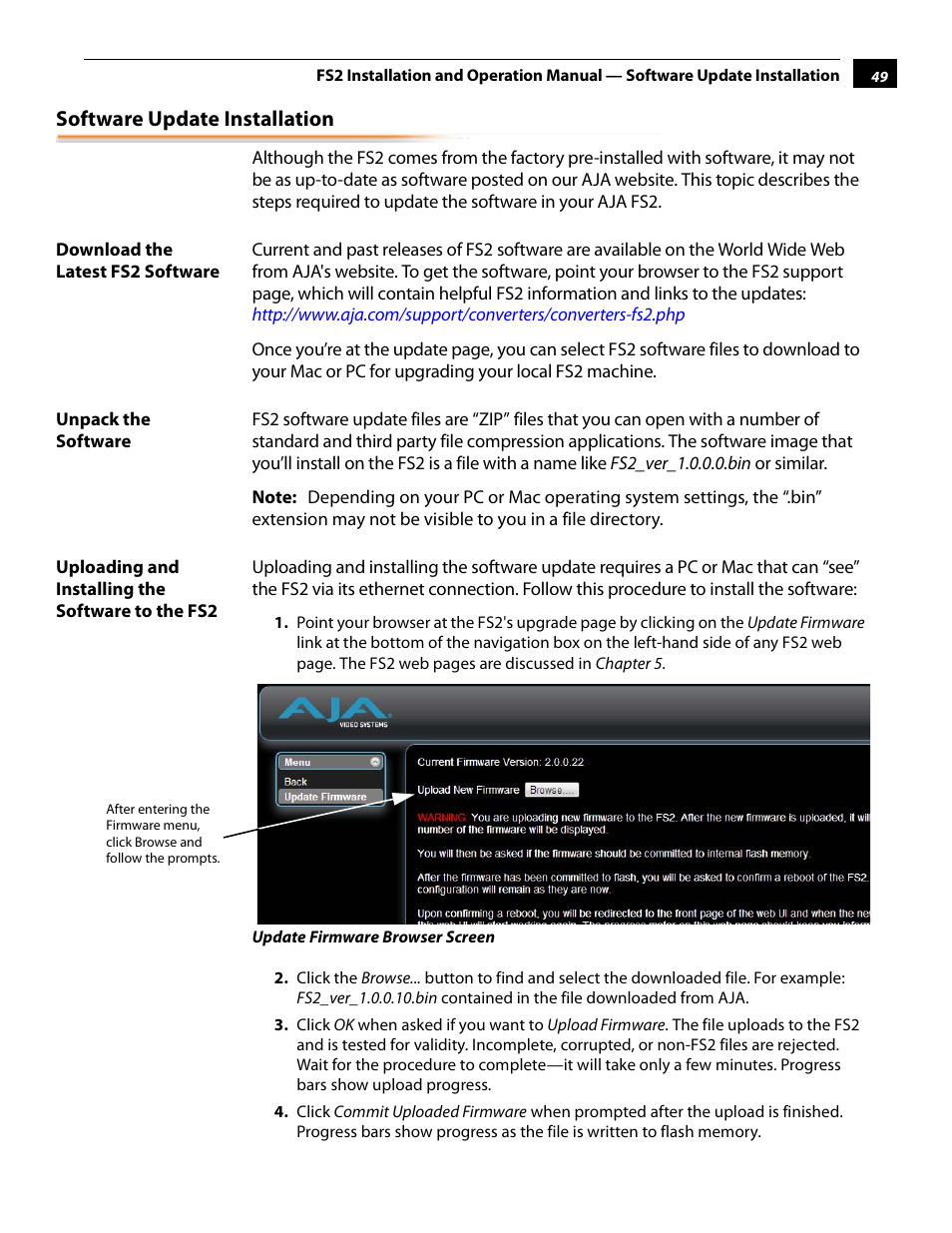 Software update installation, Download the latest fs2 software, Unpack the software | Uploading and installing the software to the fs2 | AJA FS2 User Manual | Page 49 / 230