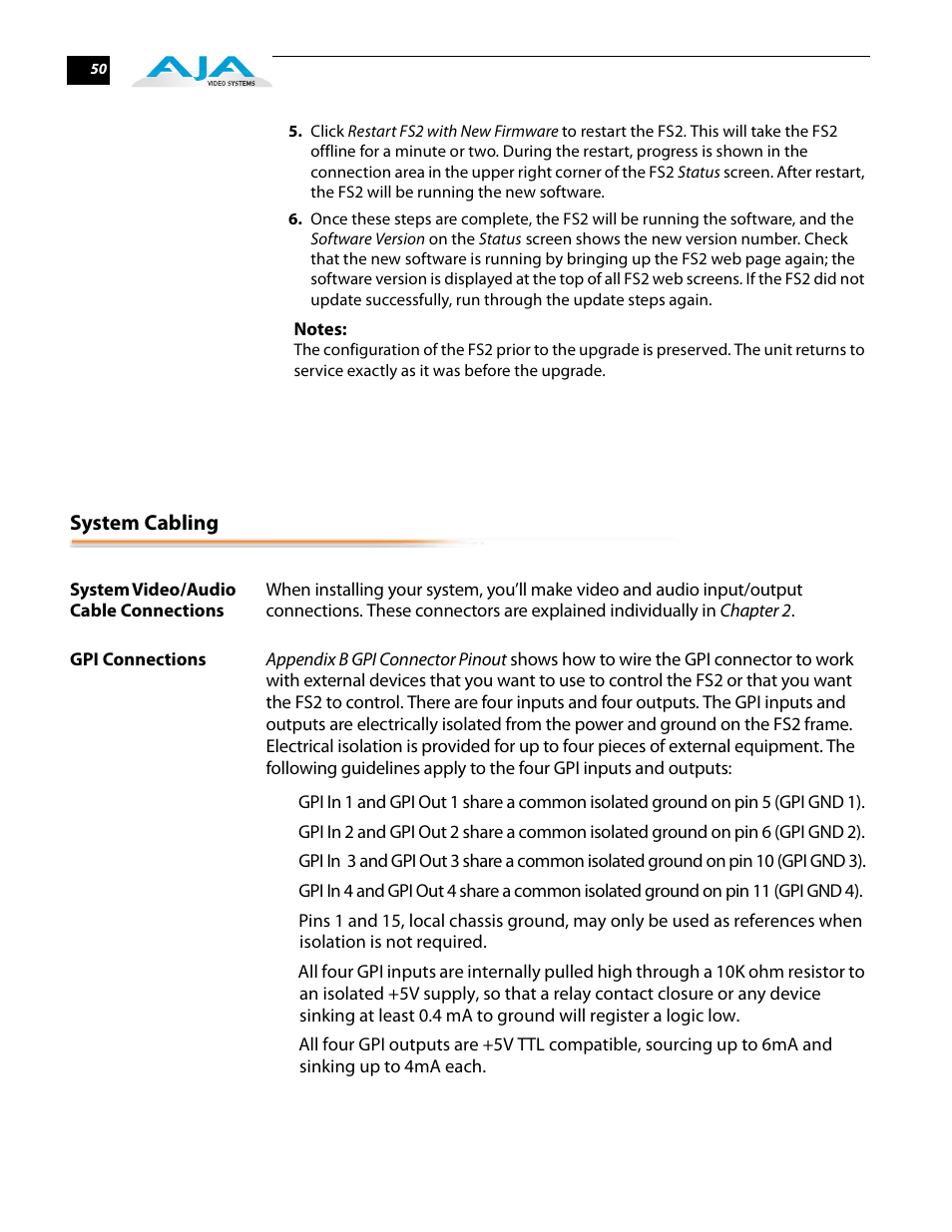 System cabling, System video/audio cable connections, Gpi connections | AJA FS2 User Manual | Page 50 / 230