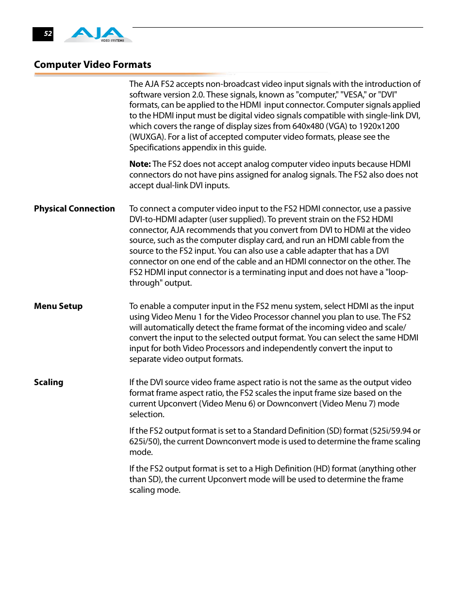 Computer video formats, Physical connection, Menu setup | Scaling, Physical connection menu setup scaling | AJA FS2 User Manual | Page 52 / 230