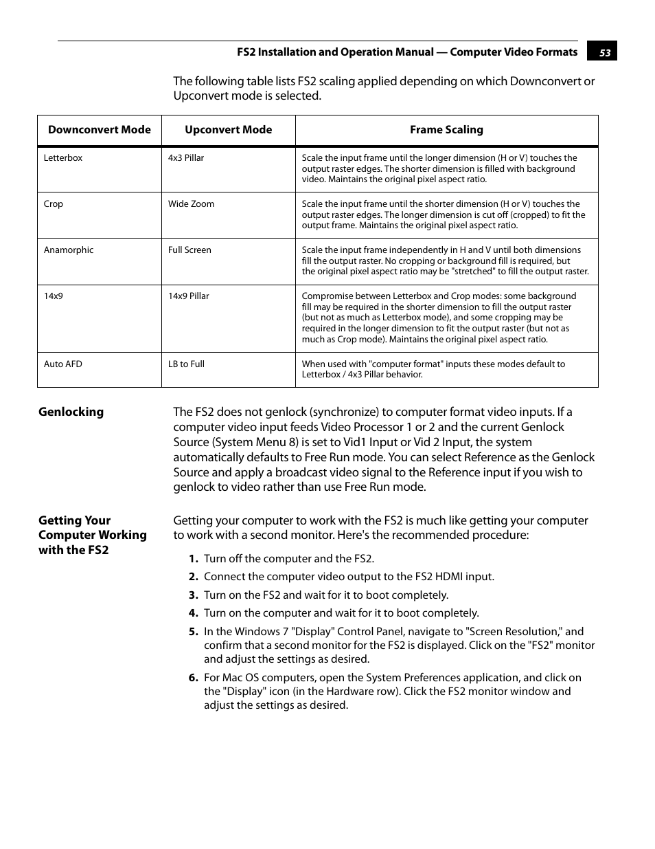 Genlocking, Getting your computer working with the fs2 | AJA FS2 User Manual | Page 53 / 230