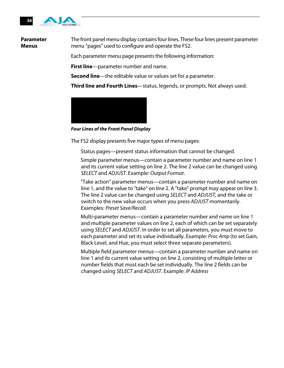 Parameter menus | AJA FS2 User Manual | Page 56 / 230