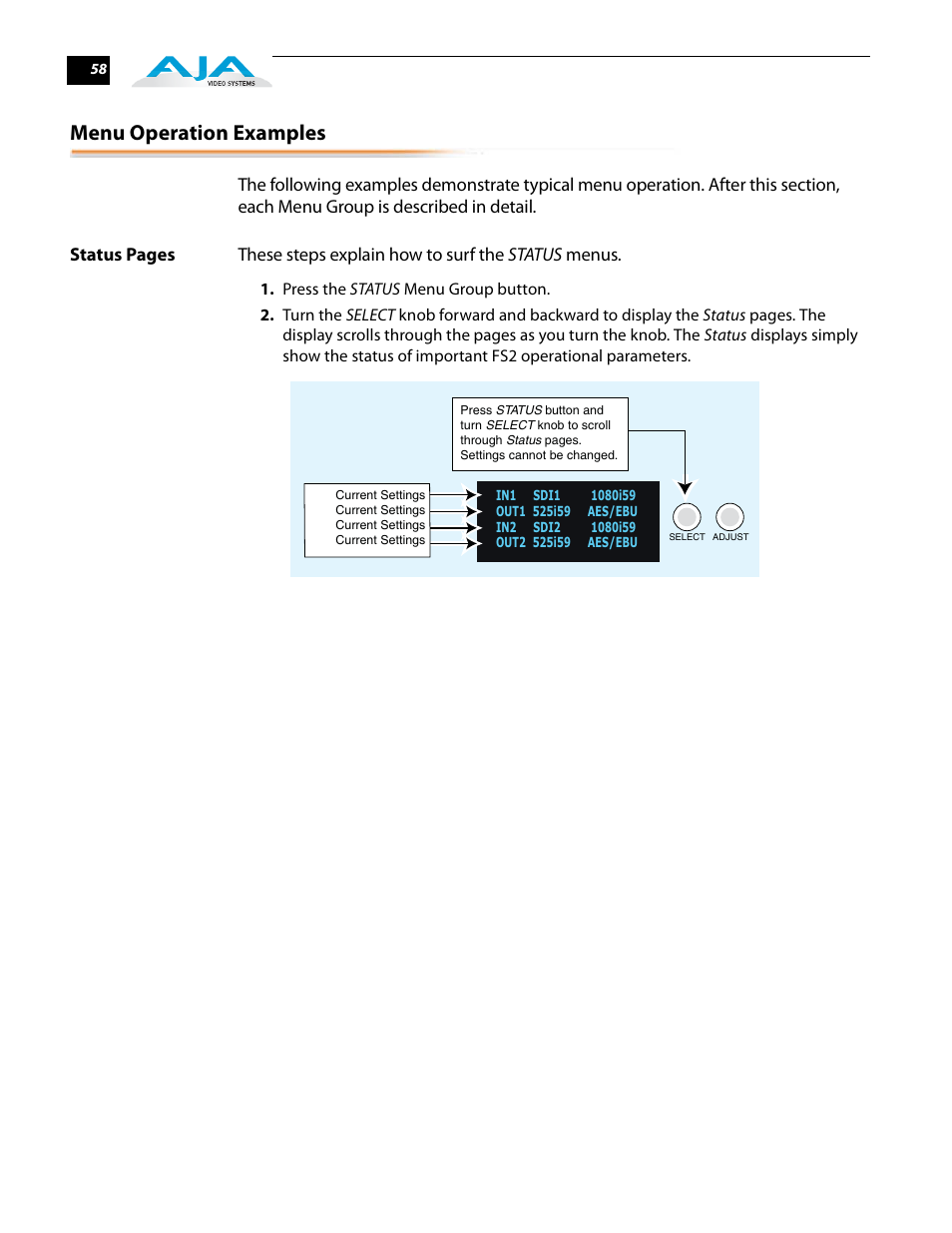 Menu operation examples | AJA FS2 User Manual | Page 58 / 230