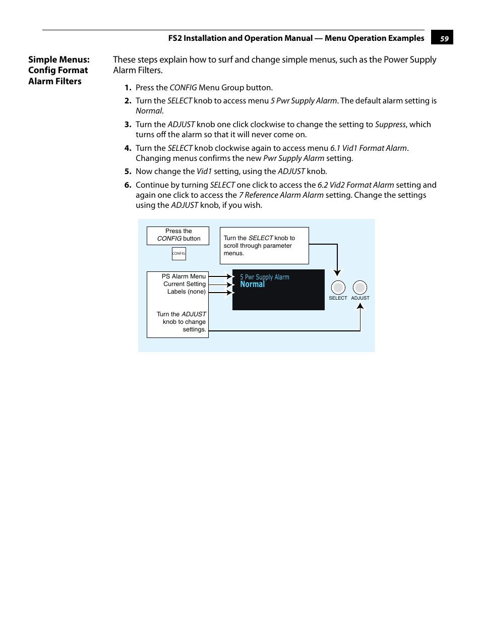 Simple menus: config format alarm filters | AJA FS2 User Manual | Page 59 / 230