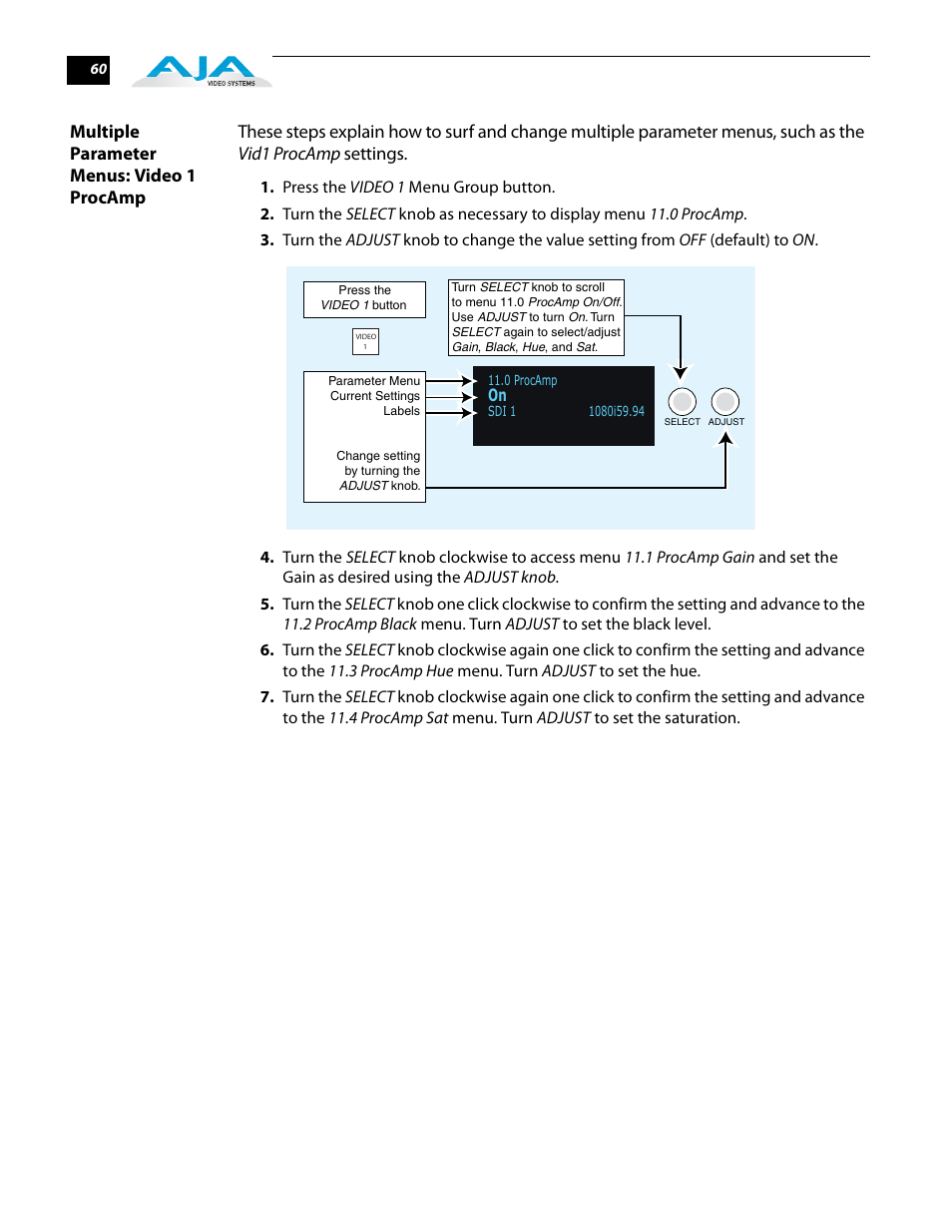 Multiple parameter menus: video 1 procamp | AJA FS2 User Manual | Page 60 / 230