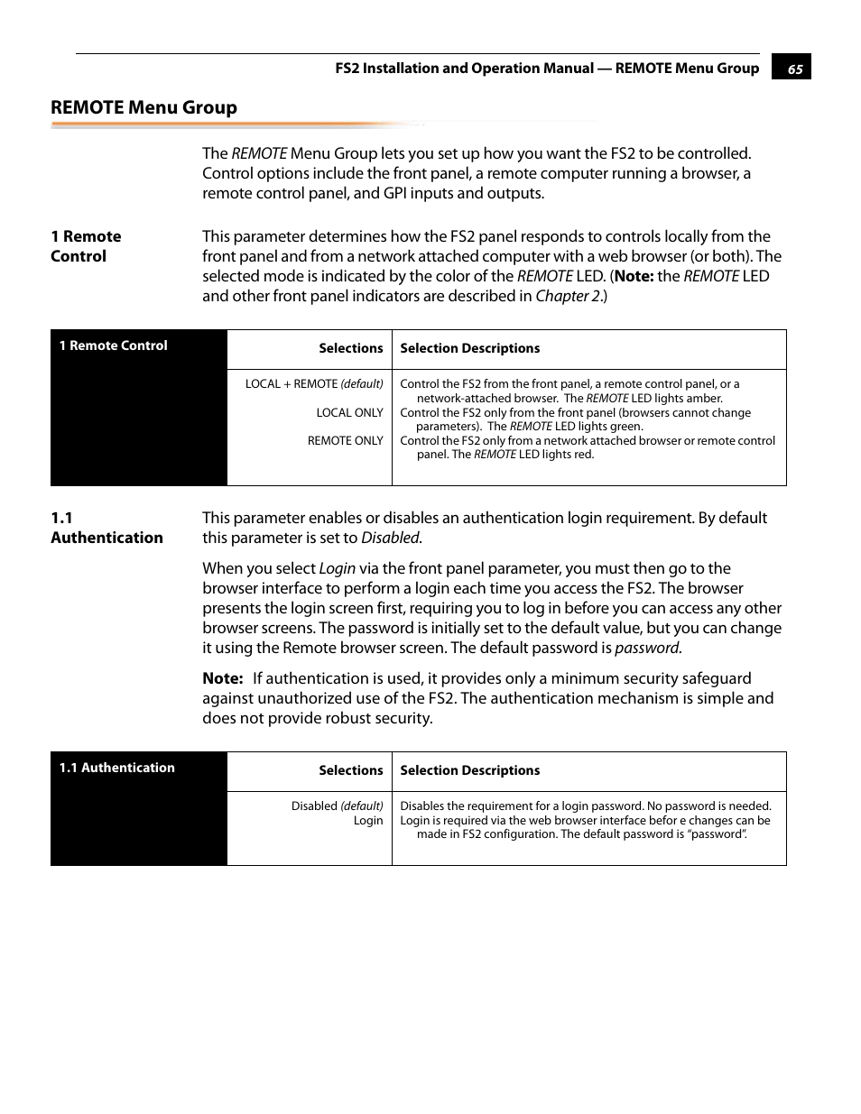 Remote menu group, 1 remote control, 1 authentication | 1 remote control 1.1 authentication | AJA FS2 User Manual | Page 65 / 230
