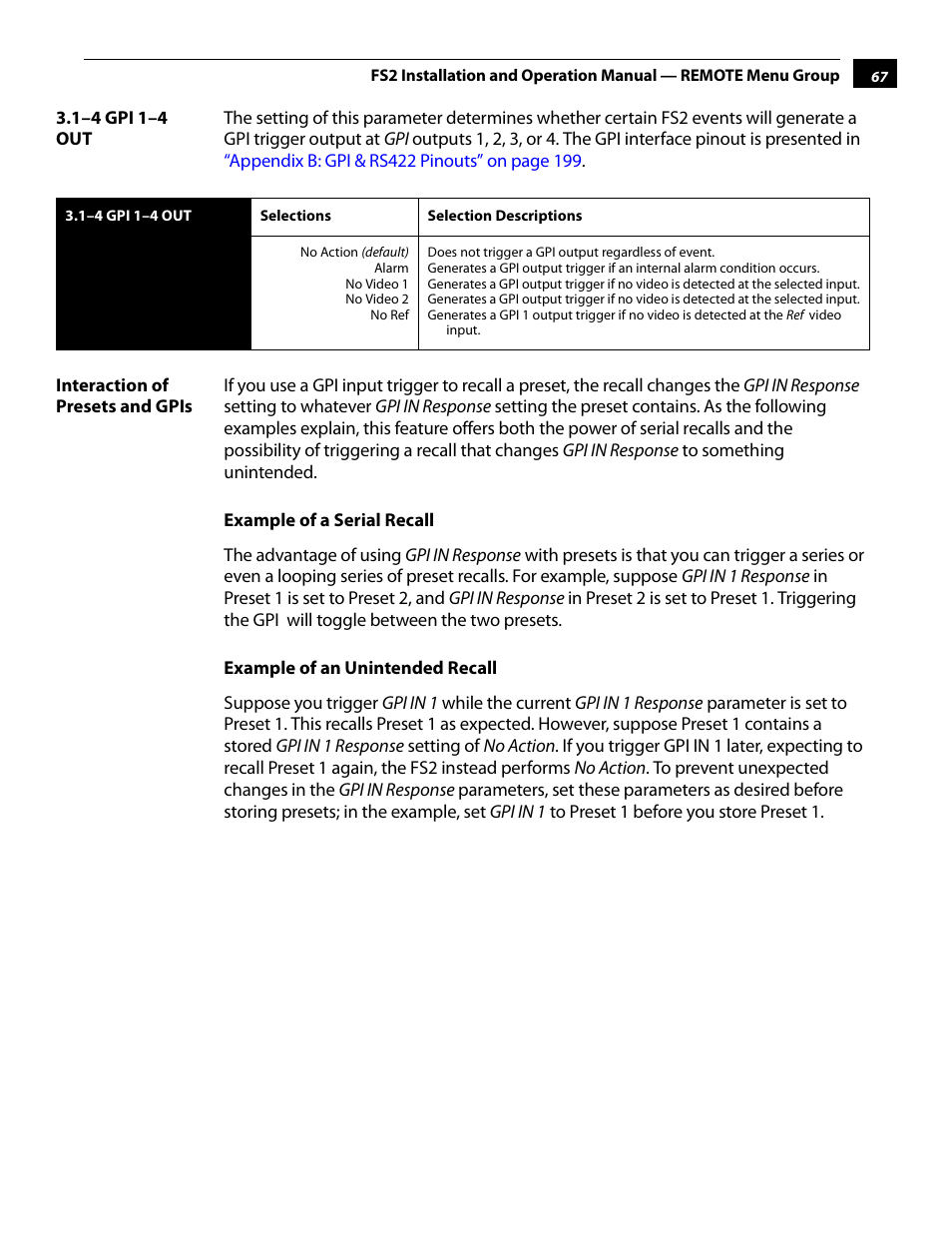 1–4 gpi 1–4 out, Interaction of presets and gpis, Example of a serial recall | Example of an unintended recall, 1–4 gpi 1–4 out interaction of presets and gpis | AJA FS2 User Manual | Page 67 / 230