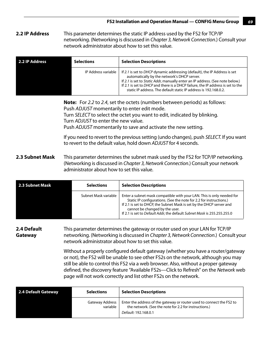 2 ip address, 3 subnet mask, 4 default gateway | 2 ip address 2.3 subnet mask 2.4 default gateway | AJA FS2 User Manual | Page 69 / 230