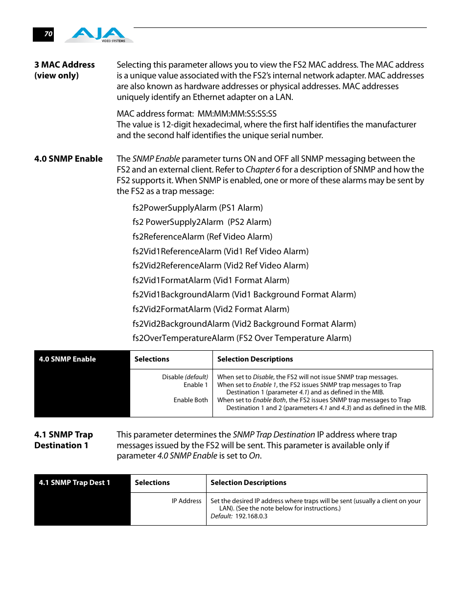 3 mac address (view only), 0 snmp enable, 1 snmp trap destination 1 | AJA FS2 User Manual | Page 70 / 230