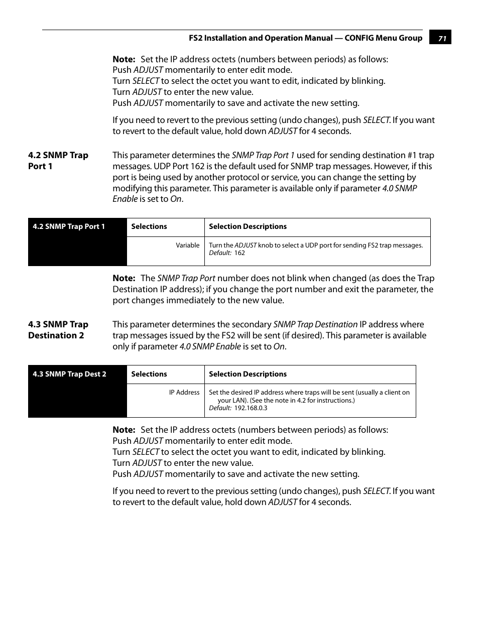 2 snmp trap port 1, 3 snmp trap destination 2, 2 snmp trap port 1 4.3 snmp trap destination 2 | AJA FS2 User Manual | Page 71 / 230
