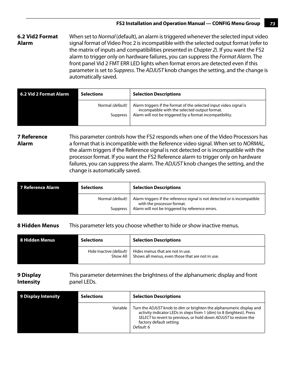 2 vid2 format alarm, 7 reference alarm, 8 hidden menus | 9 display intensity | AJA FS2 User Manual | Page 73 / 230