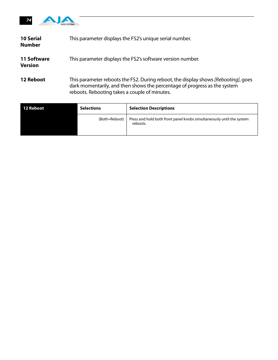 10 serial number, 11 software version, 12 reboot | 10 serial number 11 software version 12 reboot | AJA FS2 User Manual | Page 74 / 230