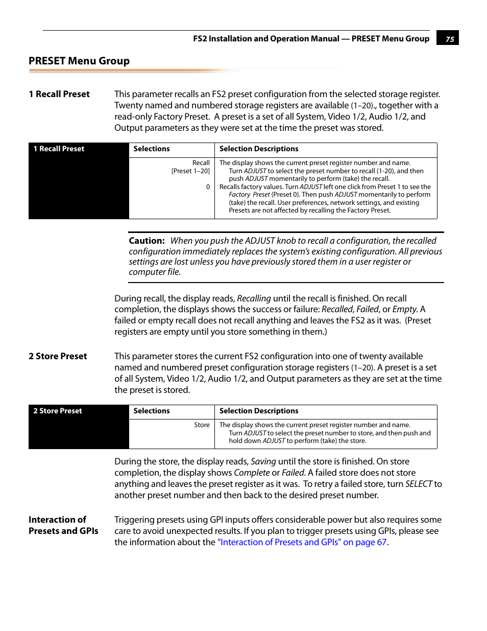 Preset menu group, 1 recall preset, 2 store preset | Interaction of presets and gpis | AJA FS2 User Manual | Page 75 / 230