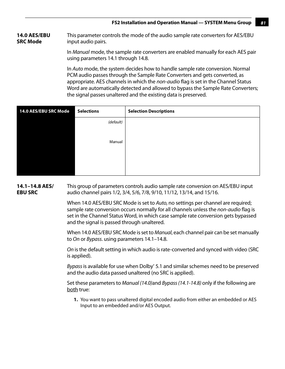 0 aes/ebu src mode, 1–14.8 aes/ ebu src, 0 aes/ebu src mode 14.1–14.8 aes/ebu src | AJA FS2 User Manual | Page 81 / 230