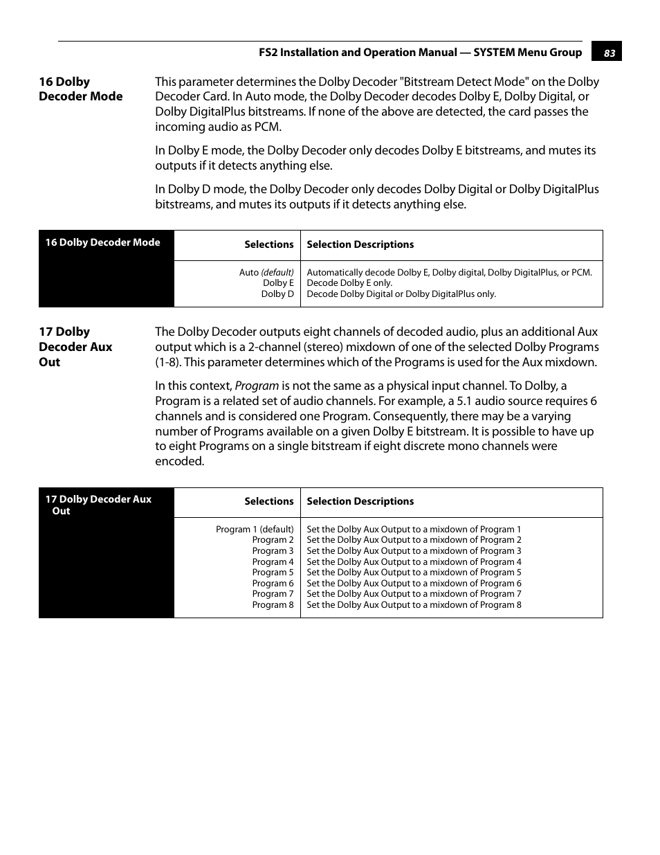 16 dolby decoder mode, 17 dolby decoder aux out, 16 dolby decoder mode 17 dolby decoder aux out | AJA FS2 User Manual | Page 83 / 230