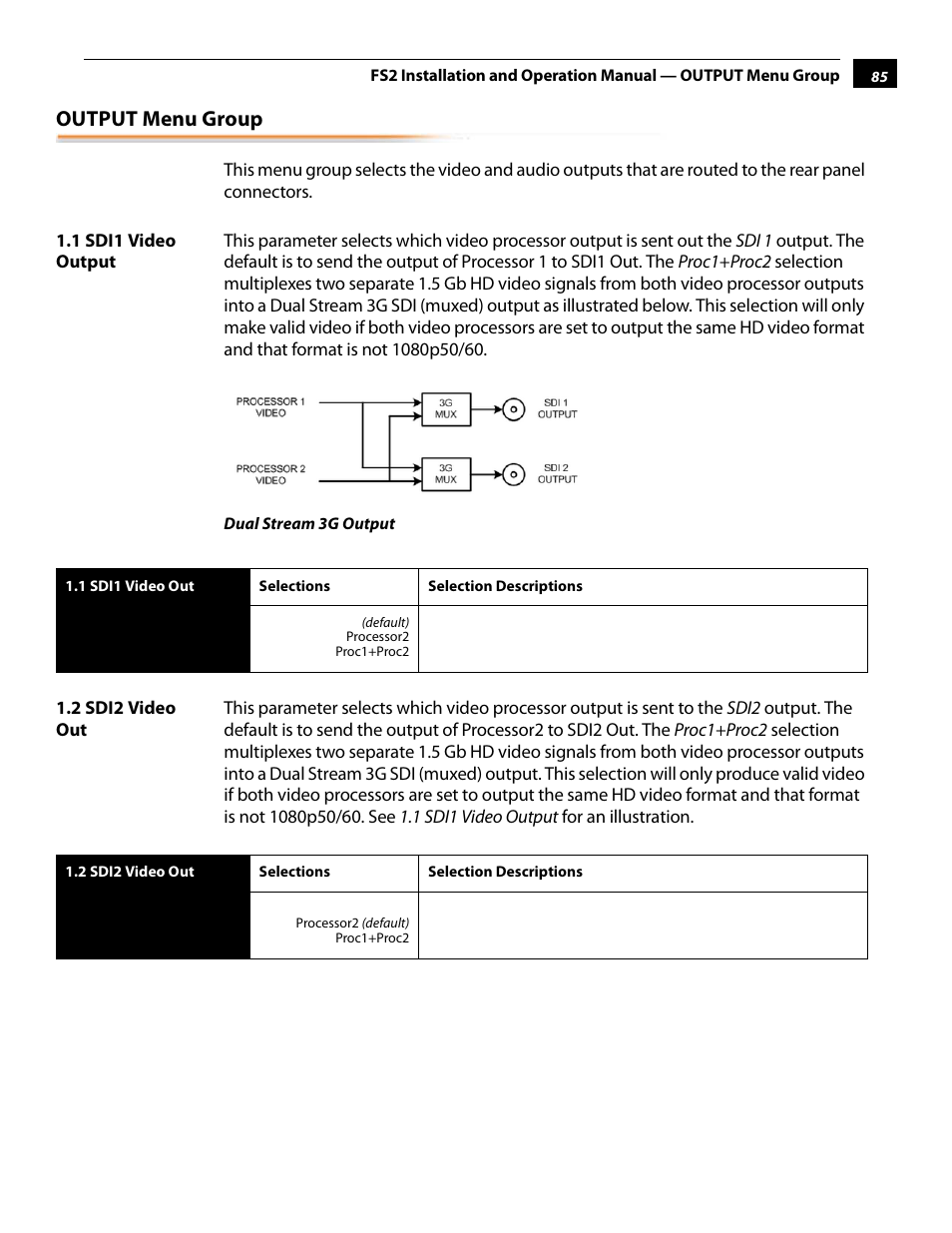 Output menu group, 1 sdi1 video output, 2 sdi2 video out | 1 sdi1 video output 1.2 sdi2 video out | AJA FS2 User Manual | Page 85 / 230