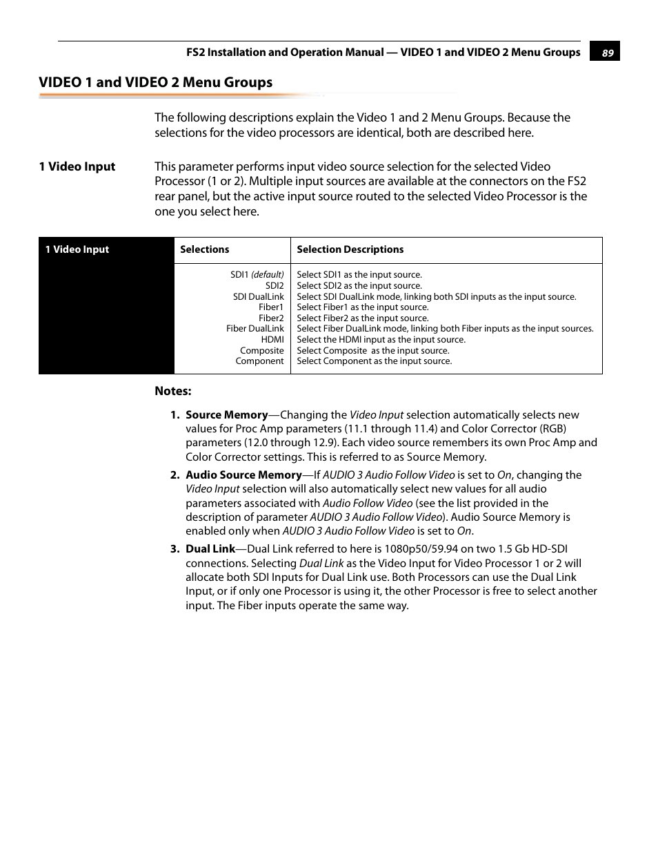 Video 1 and video 2 menu groups, 1 video input | AJA FS2 User Manual | Page 89 / 230