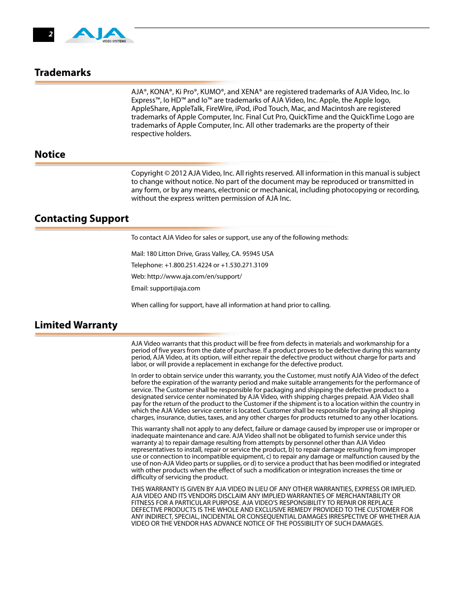 Trademarks, Notice, Contacting support | Limited warranty | AJA DRM User Manual | Page 2 / 12