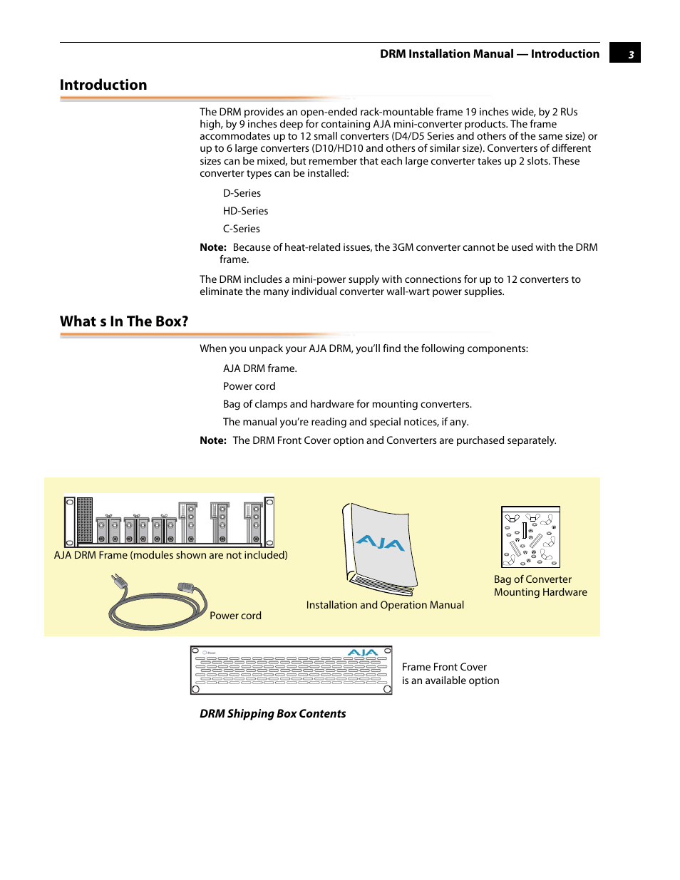 Introduction, What’s in the box | AJA DRM User Manual | Page 3 / 12