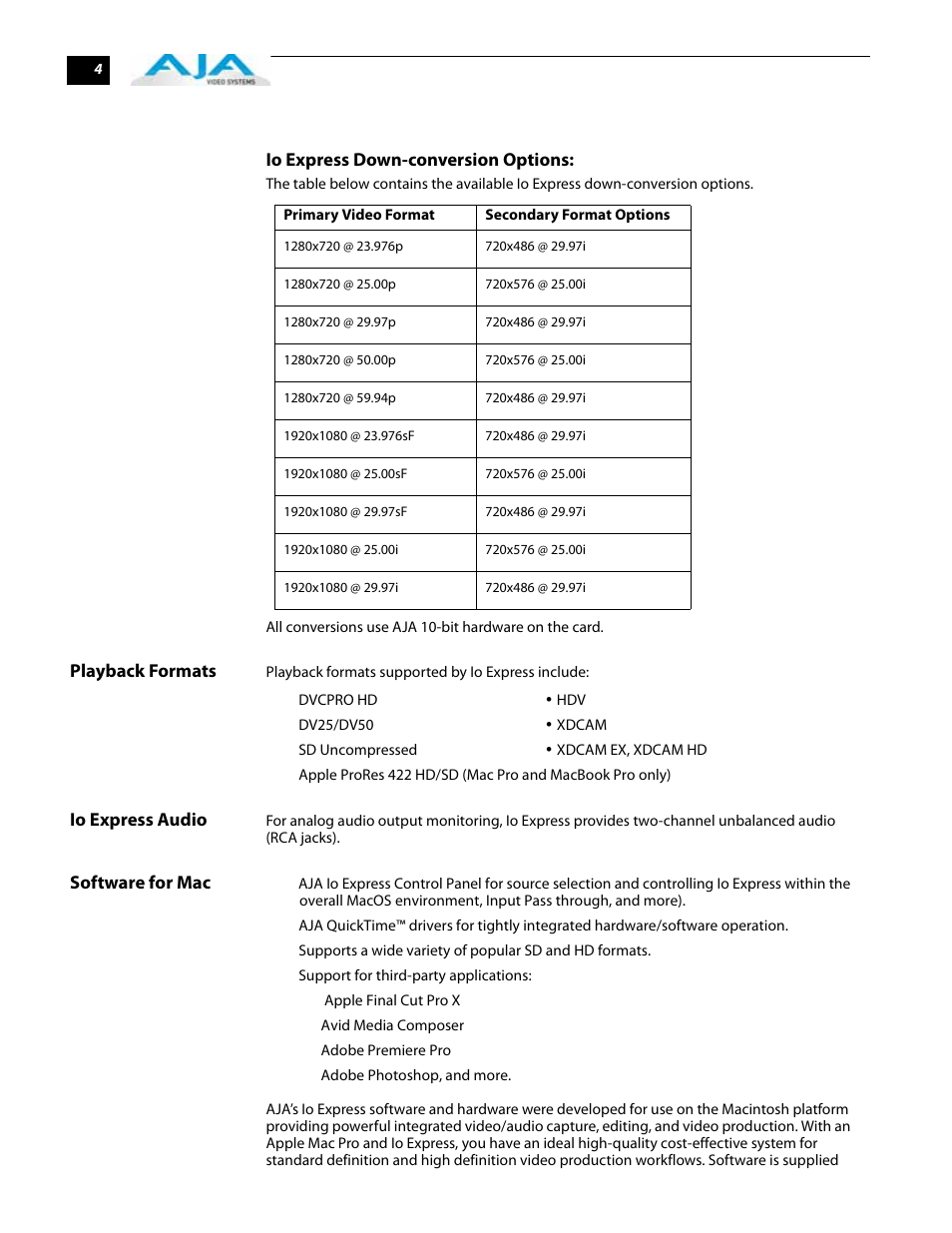 Playback formats io express audio software for mac | AJA IoExpress User Manual | Page 10 / 68