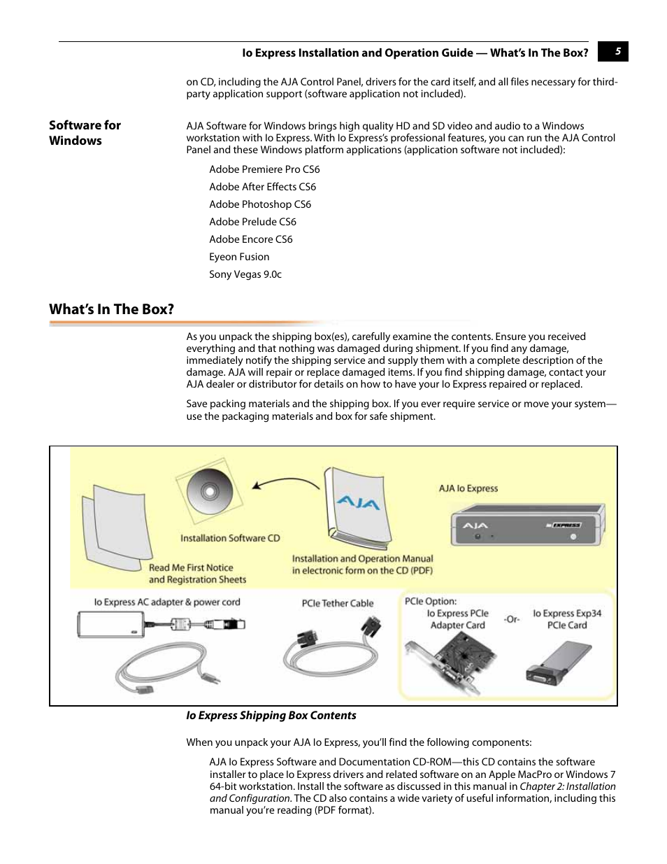 What’s in the box, Software for windows | AJA IoExpress User Manual | Page 11 / 68