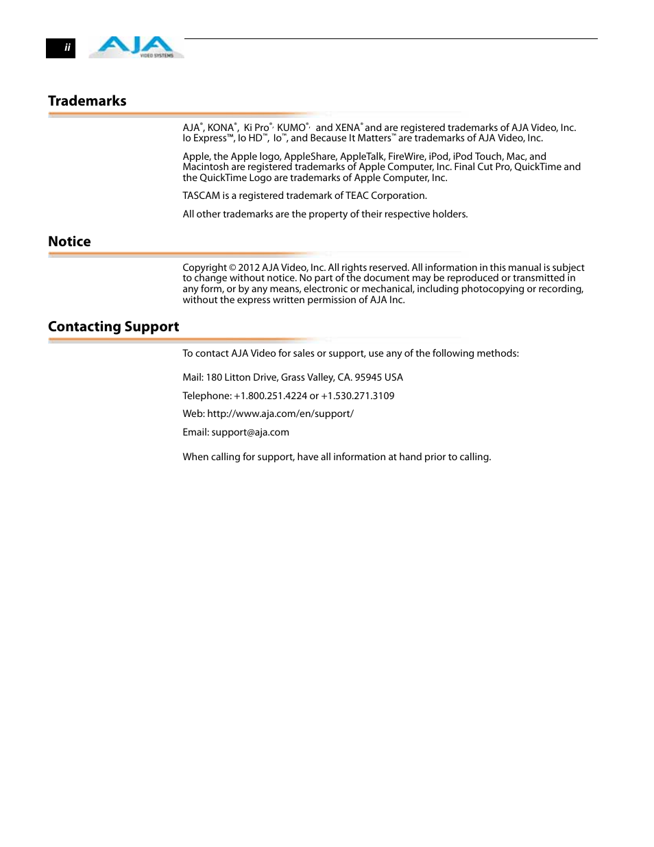 Trademarks, Notice, Contacting support | AJA IoExpress User Manual | Page 2 / 68