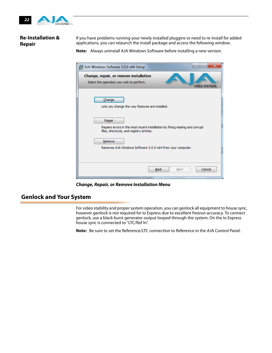 Genlock and your system, Re-installation & repair | AJA IoExpress User Manual | Page 28 / 68