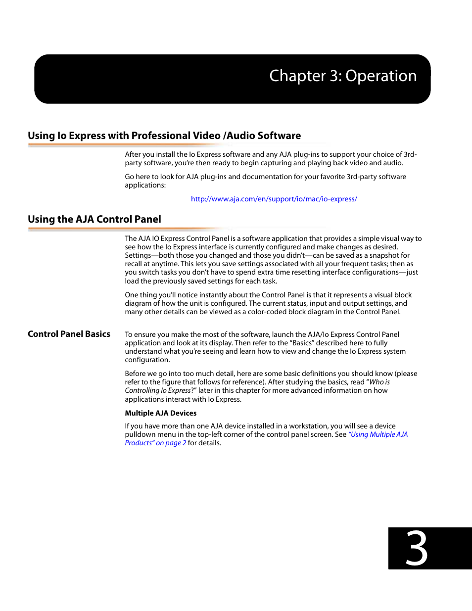 Using the aja control panel, Control panel basics, Chapter 3: operation | AJA IoExpress User Manual | Page 29 / 68