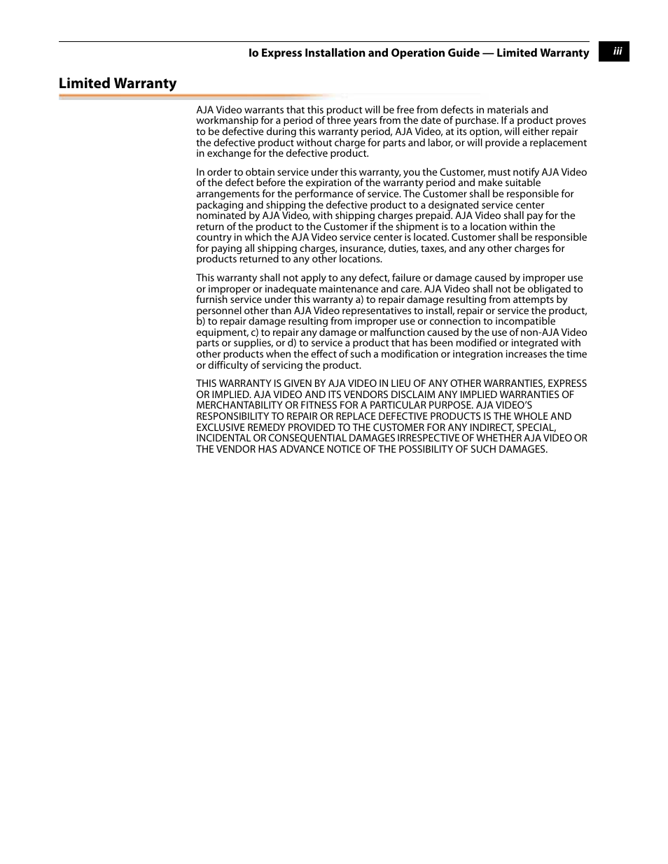 Limited warranty | AJA IoExpress User Manual | Page 3 / 68