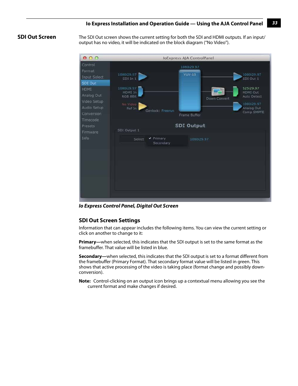 Sdi out screen | AJA IoExpress User Manual | Page 39 / 68